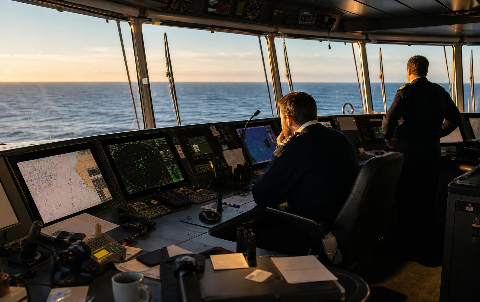 A modern maritime operations centre with digital navigation displays showing global route data and vessel traffic