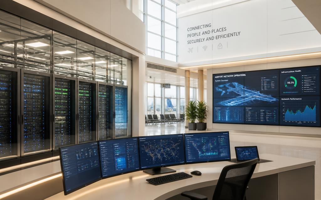 A bright, modern airport technology operations centre with digital infrastructure displays and server racks